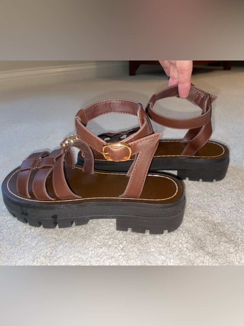 Celine Brown Leather Platform Fisherman Sandals with Gold Hardware - Picture 5 of 9